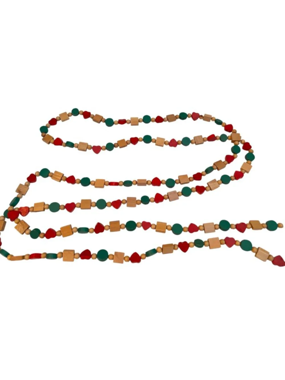 Vintage Wooden Bead Garland - Red Green & Natural Shapes - Heart Circle Square -